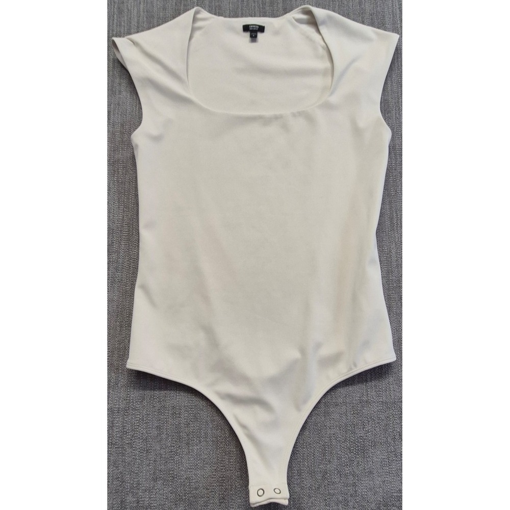 Express‎ Body Contour Bodysuit women's M white scoop neck stretch thong snaps